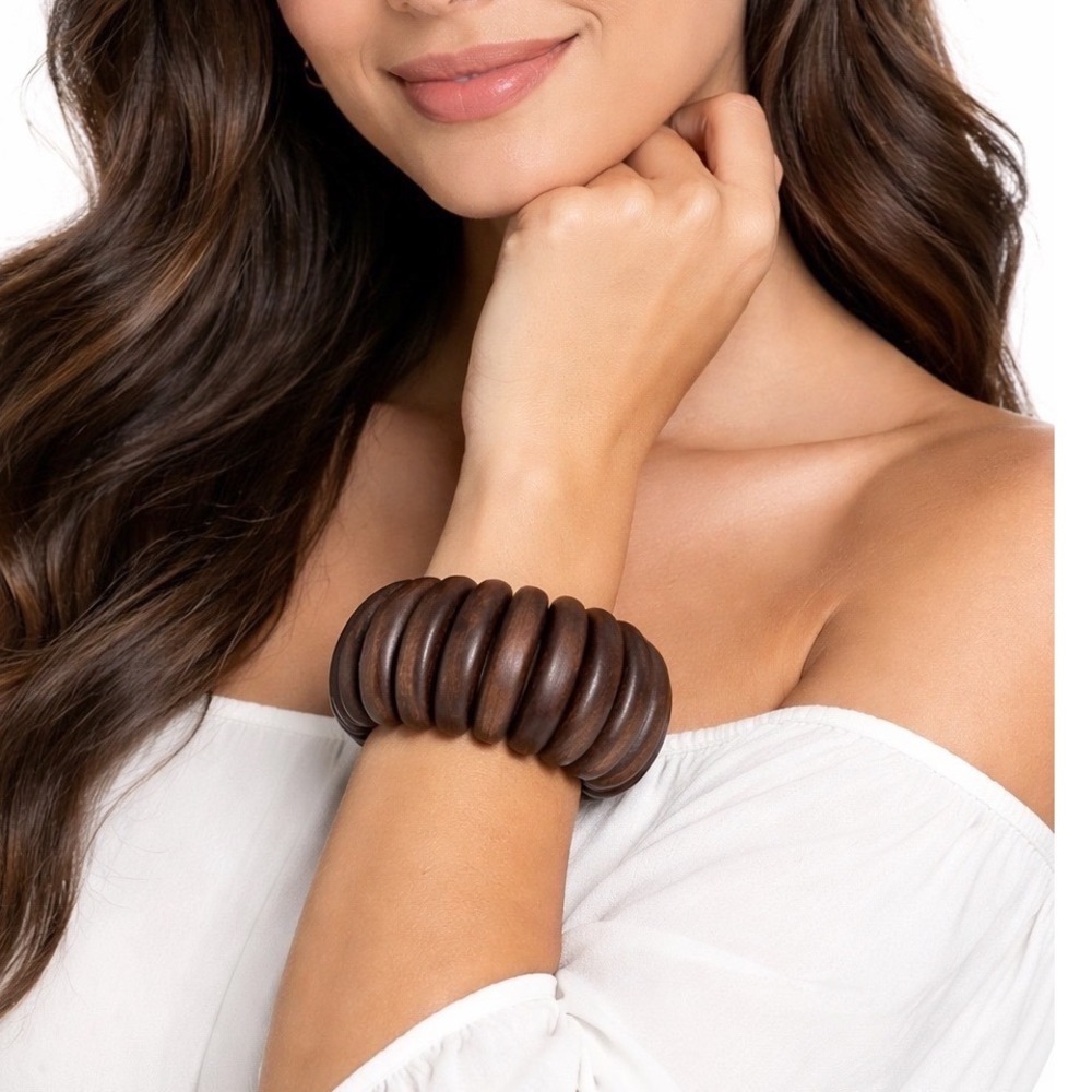 Vintage Dark Brown Wood Chunky Ribbed Stretch Bracelet Boho Chic Chunky 103-98